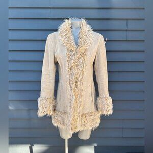 Vintage 90s Mixit Women's Beige Embroidered Suede Faux Fur Penny Lane Coat~S~